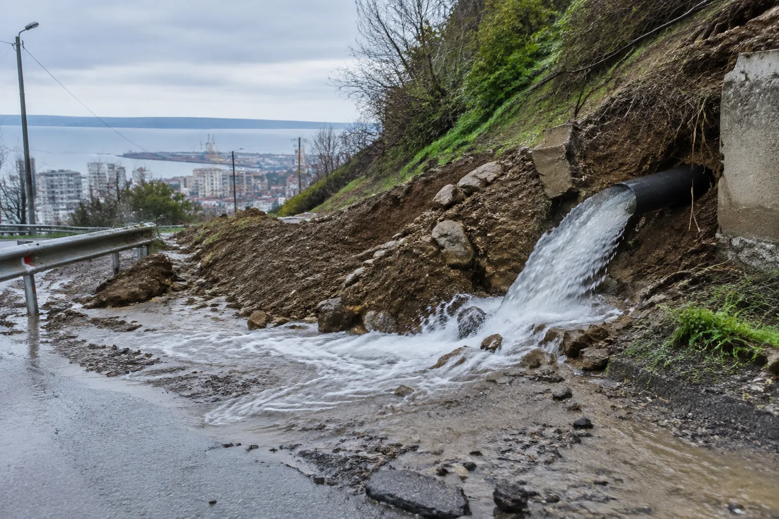 Видео показва силно изтичане на вода край свлачището в „Аспарухово“